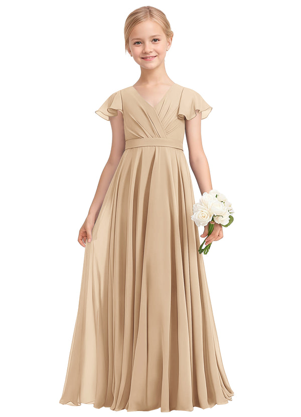 A-line V-Neck Floor-Length Chiffon Junior Bridesmaid Dress
