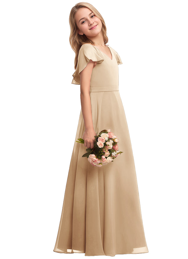 A-line V-Neck Floor-Length Chiffon Junior Bridesmaid Dress