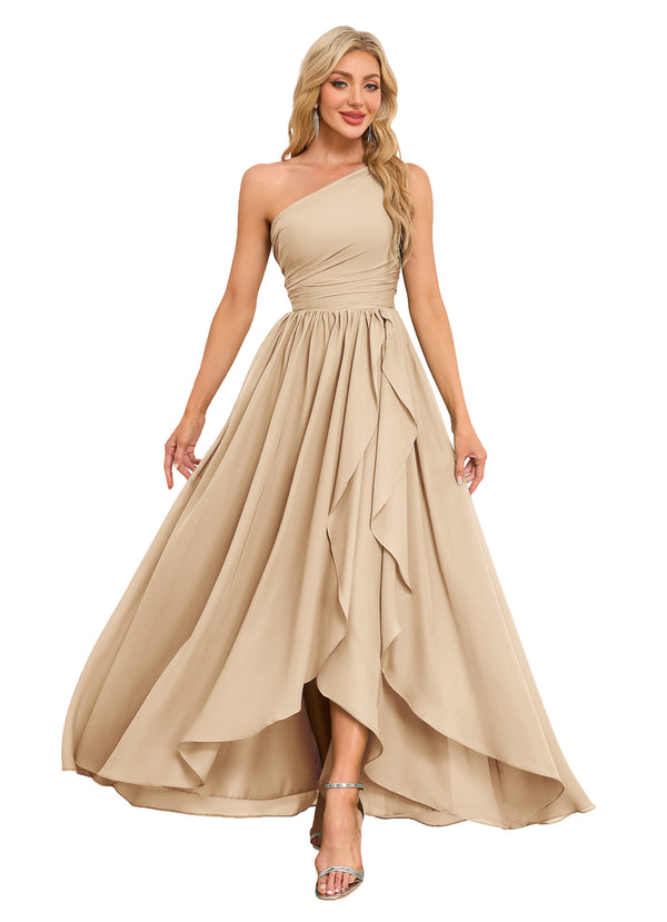 A-line One Shoulder Floor-Length Chiffon Bridesmaid Dress With Ruffle