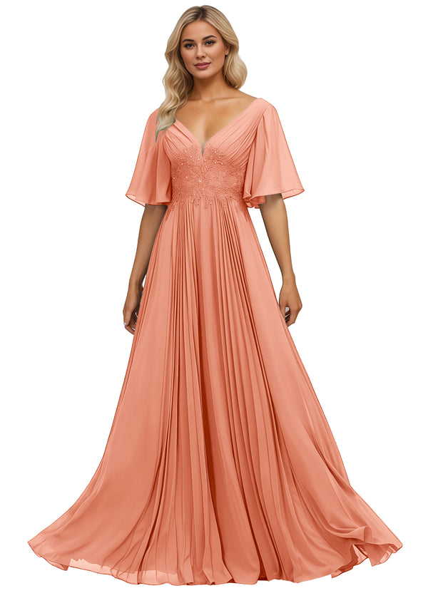 A-line V-Neck Floor-Length Chiffon Mother of the Bride Dress With Sequins Appliques Lace Pleated