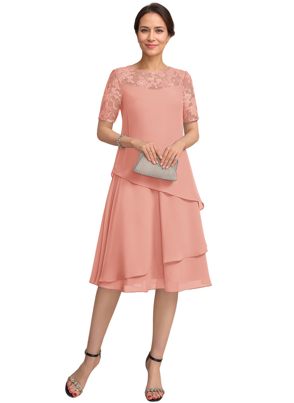 A-line Scoop Illusion Knee-Length Lace Chiffon Mother of the Bride Dress With Sequins
