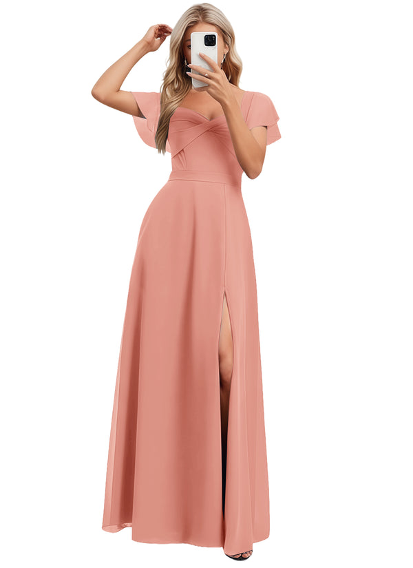 A-line V-Neck Floor-Length Chiffon Bridesmaid Dress With Ruffle