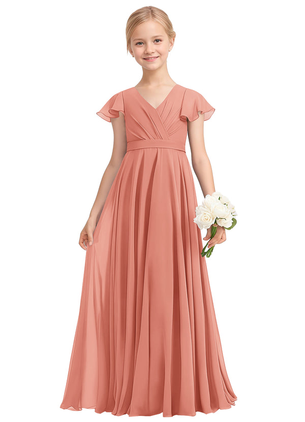 A-line V-Neck Floor-Length Chiffon Junior Bridesmaid Dress