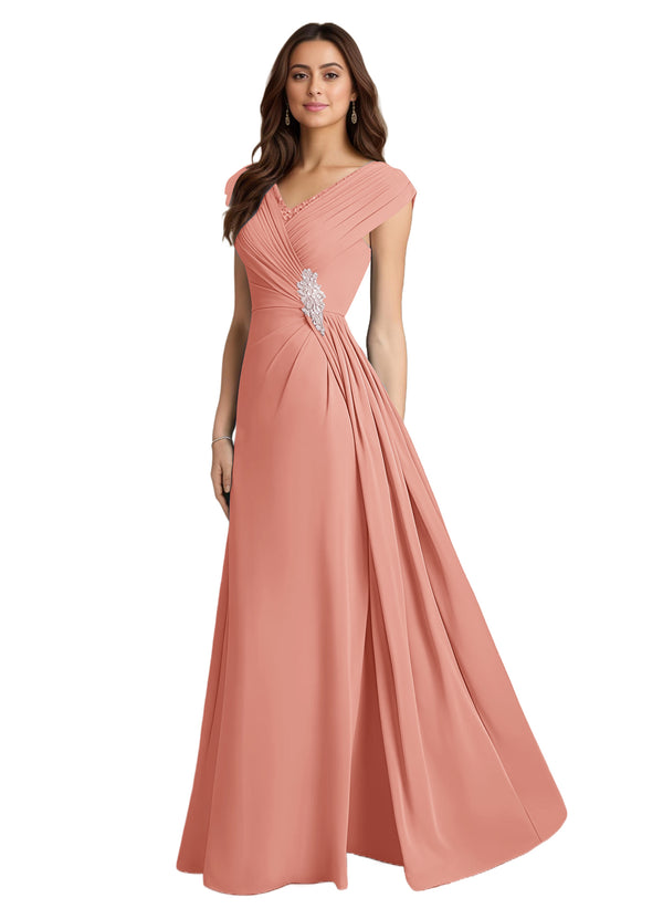 A-line V-Neck Floor-Length Chiffon Mother of the Bride Dress With Pleated Sequins
