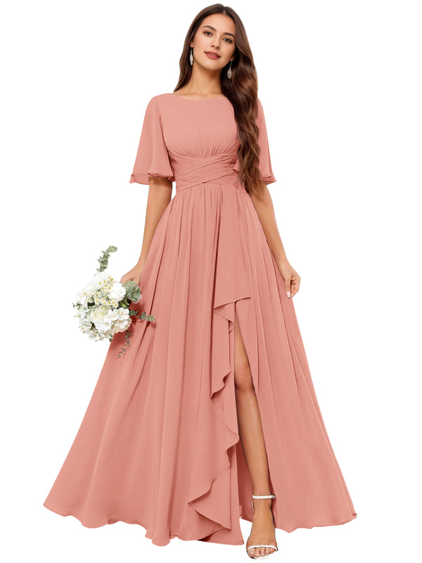 A-line Scoop Floor-Length Chiffon Bridesmaid Dress With Slit