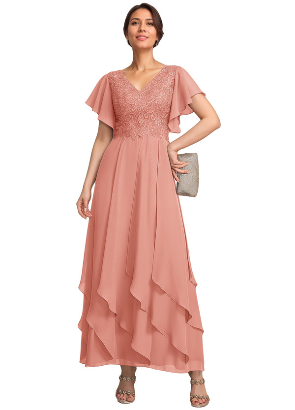 A-line V-Neck Ankle-Length Lace Chiffon Mother of the Bride Dress With Cascading Ruffles