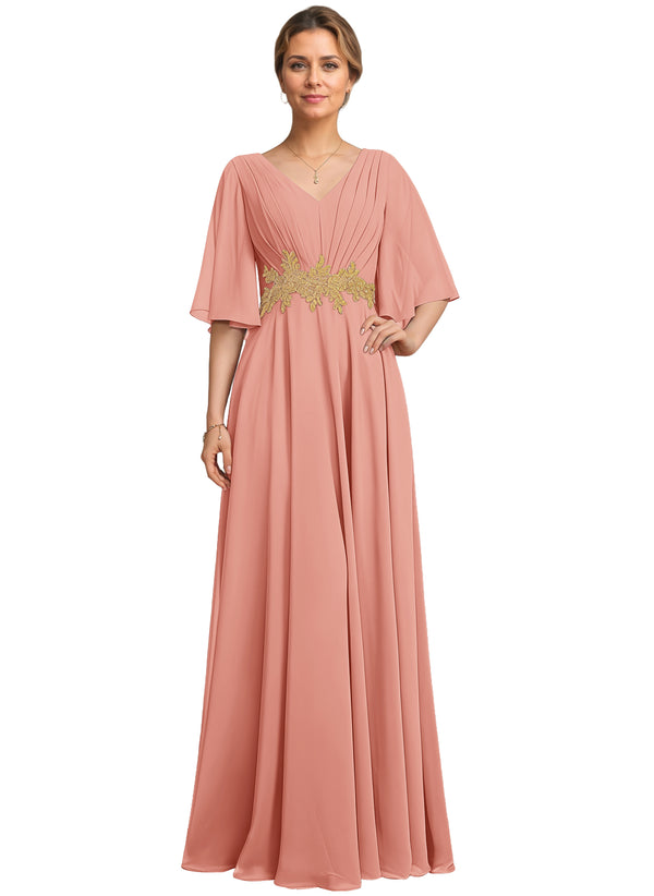 A-line V-Neck Floor-Length Chiffon Lace Mother of the Bride Dress With Sequins Beading