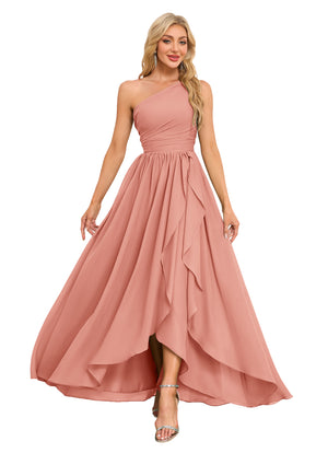 A-line One Shoulder Floor-Length Chiffon Bridesmaid Dress With Ruffle