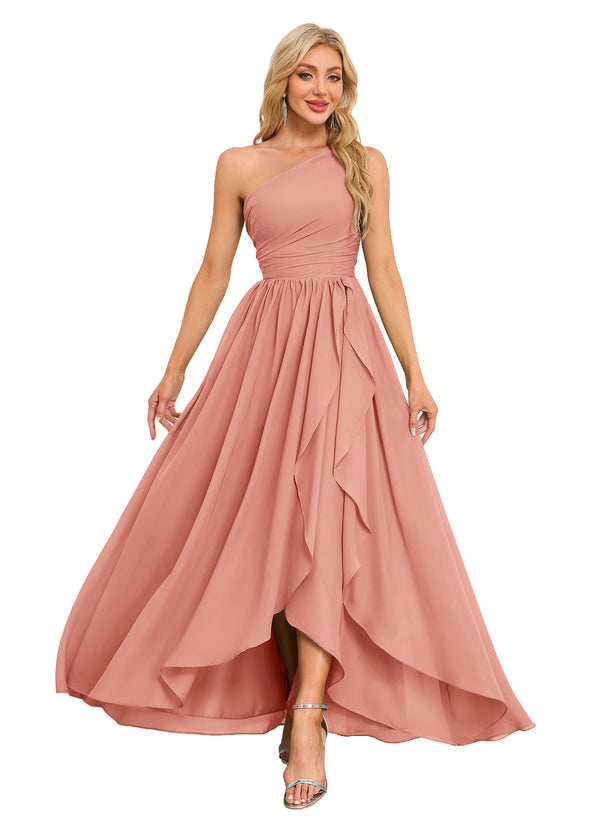 A-line One Shoulder Floor-Length Chiffon Bridesmaid Dress With Ruffle