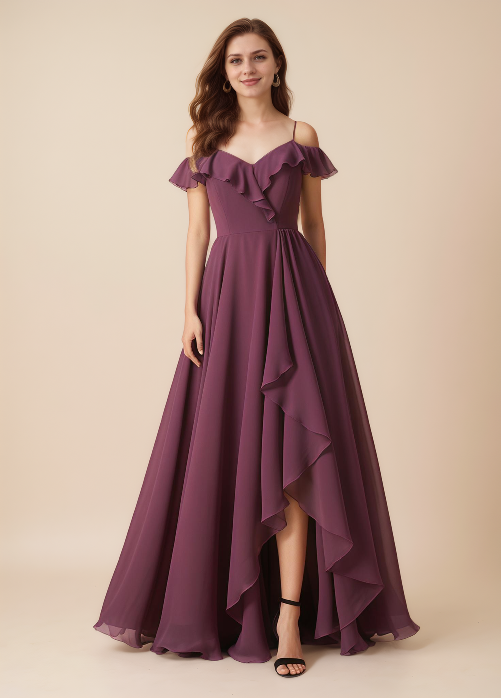 A-line Cold Shoulder Floor-Length Chiffon Bridesmaid Dress With Ruffle
