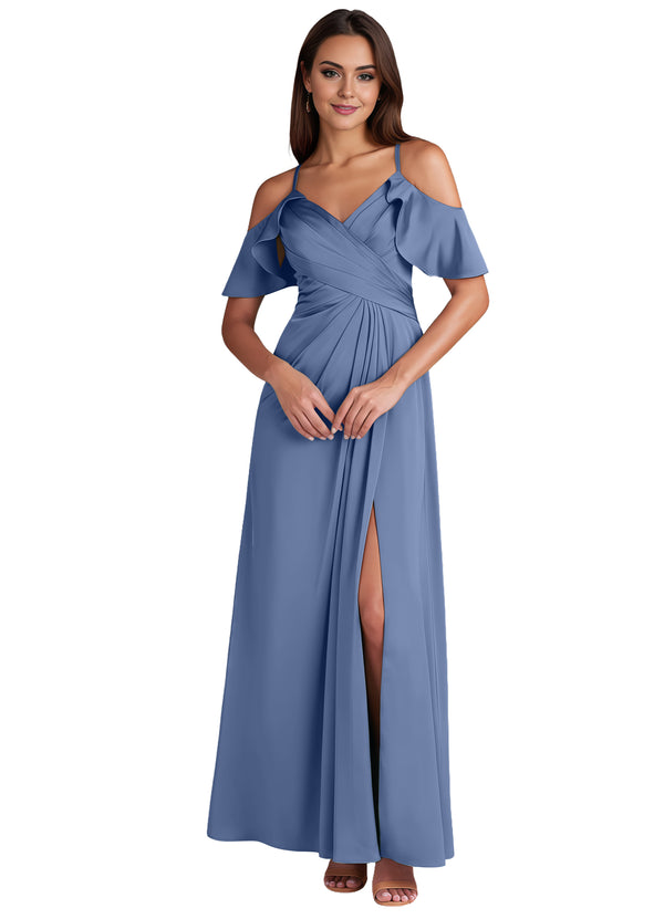 A-line Cold Shoulder Floor-Length Satin Bridesmaid Dress With Ruffle