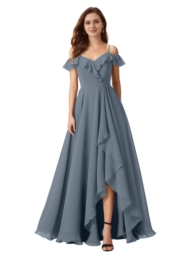 A-line Cold Shoulder Floor-Length Chiffon Bridesmaid Dress With Ruffle