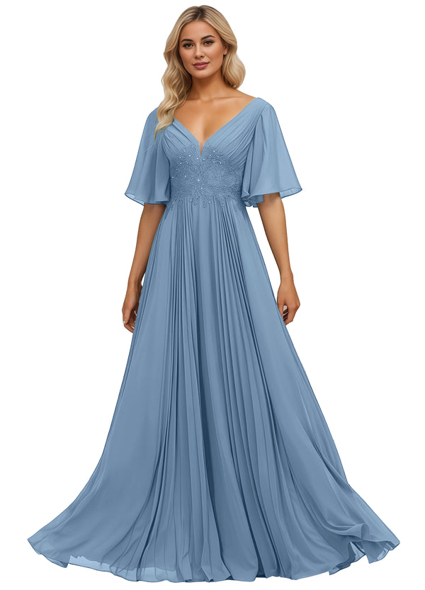 A-line V-Neck Floor-Length Chiffon Mother of the Bride Dress With Sequins Appliques Lace Pleated