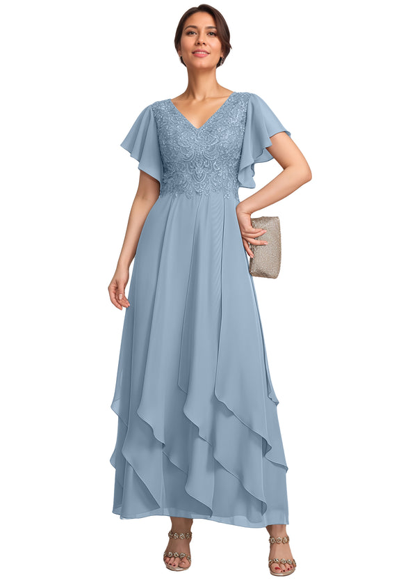 A-line V-Neck Ankle-Length Lace Chiffon Mother of the Bride Dress With Cascading Ruffles