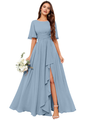 A-line Scoop Floor-Length Chiffon Bridesmaid Dress With Slit