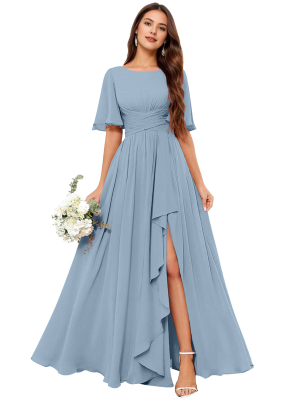 A-line Scoop Floor-Length Chiffon Bridesmaid Dress With Slit