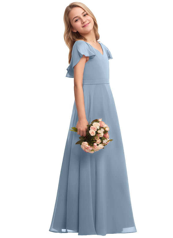 A-line V-Neck Floor-Length Chiffon Junior Bridesmaid Dress
