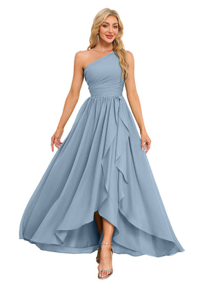 A-line One Shoulder Floor-Length Chiffon Bridesmaid Dress With Ruffle