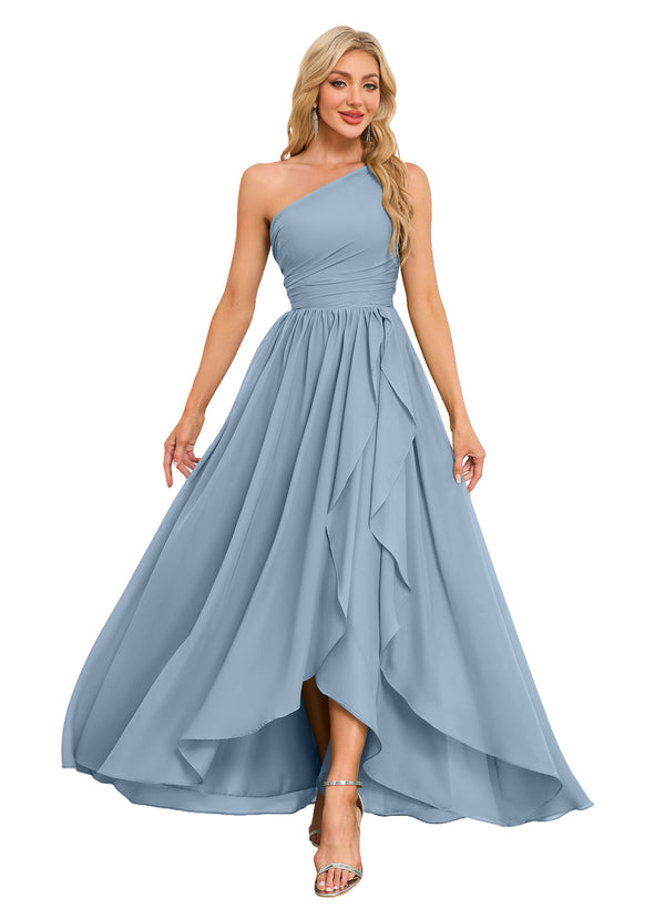 A-line One Shoulder Floor-Length Chiffon Bridesmaid Dress With Ruffle