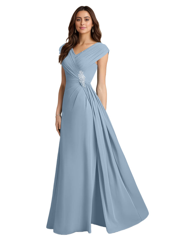 A-line V-Neck Floor-Length Chiffon Mother of the Bride Dress With Pleated Sequins