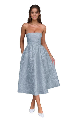 A-Line Strapless Tea-Length Jacquard Prom Dresses