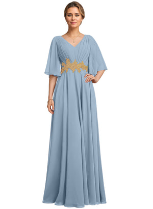 A-line V-Neck Floor-Length Chiffon Lace Mother of the Bride Dress With Sequins Beading