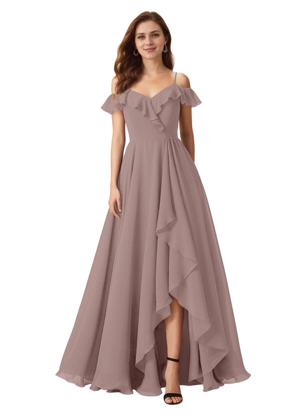 A-line Cold Shoulder Floor-Length Chiffon Bridesmaid Dress With Ruffle