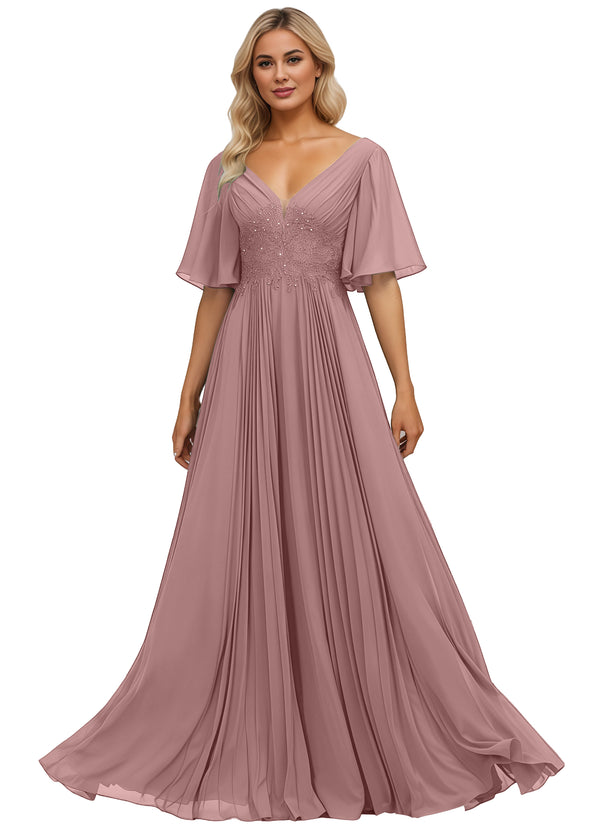 A-line V-Neck Floor-Length Chiffon Mother of the Bride Dress With Sequins Appliques Lace Pleated
