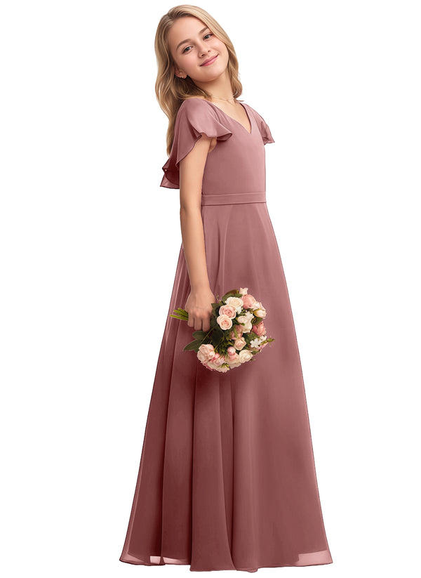 A-line V-Neck Floor-Length Chiffon Junior Bridesmaid Dress