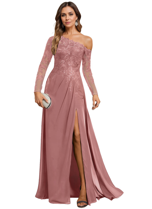 Trumpet/Mermaid Asymmetrical Illusion Floor-Length Lace Chiffon Evening Dress With Sequins