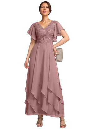 A-line V-Neck Ankle-Length Lace Chiffon Mother of the Bride Dress With Cascading Ruffles