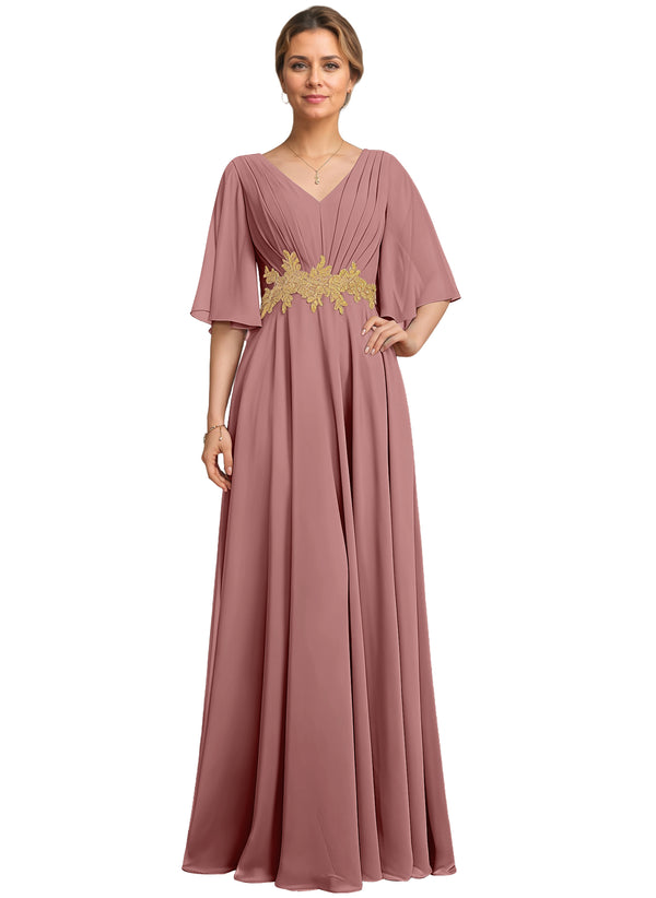 A-line V-Neck Floor-Length Chiffon Lace Mother of the Bride Dress With Sequins Beading