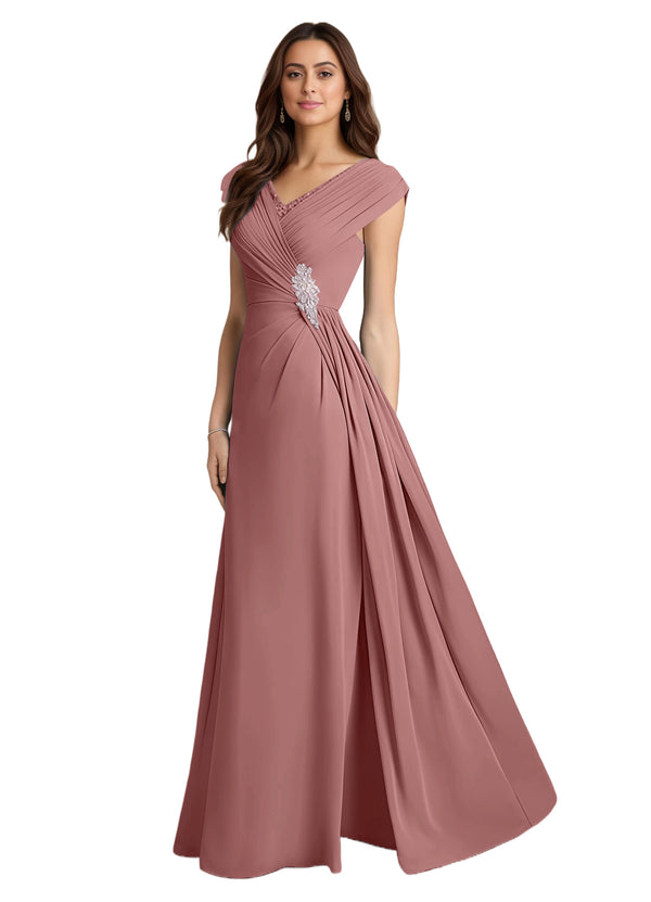 A-line V-Neck Floor-Length Chiffon Mother of the Bride Dress With Pleated Sequins