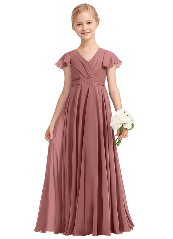 A-line V-Neck Floor-Length Chiffon Junior Bridesmaid Dress