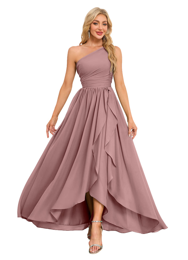 A-line One Shoulder Floor-Length Chiffon Bridesmaid Dress With Ruffle