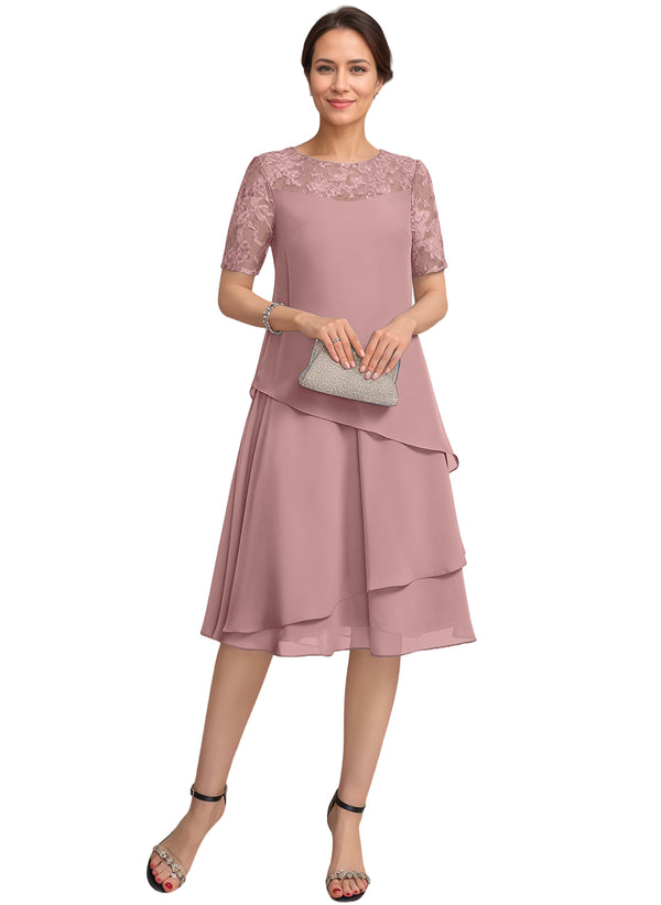 A-line Scoop Illusion Knee-Length Lace Chiffon Mother of the Bride Dress With Sequins