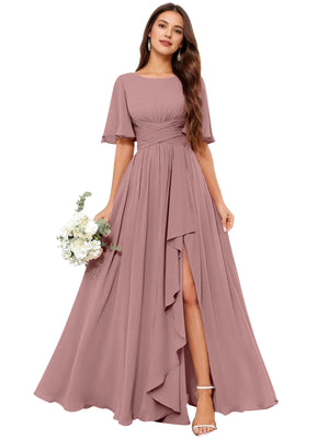 A-line Scoop Floor-Length Chiffon Bridesmaid Dress With Slit