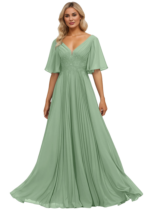 A-line V-Neck Floor-Length Chiffon Mother of the Bride Dress With Sequins Appliques Lace Pleated