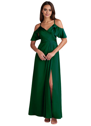 A-line Cold Shoulder Floor-Length Satin Bridesmaid Dress With Ruffle
