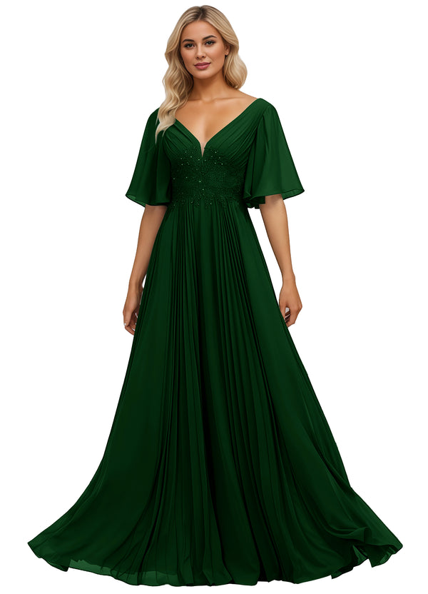 A-line V-Neck Floor-Length Chiffon Mother of the Bride Dress With Sequins Appliques Lace Pleated
