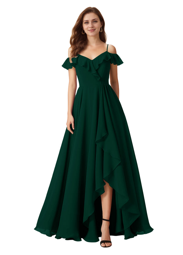 A-line Cold Shoulder Floor-Length Chiffon Bridesmaid Dress With Ruffle