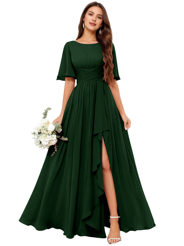 A-line Scoop Floor-Length Chiffon Bridesmaid Dress With Slit