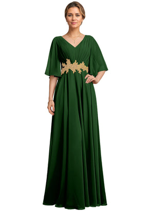 A-line V-Neck Floor-Length Chiffon Lace Mother of the Bride Dress With Sequins Beading