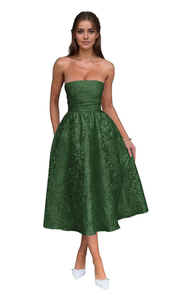 A-Line Strapless Tea-Length Jacquard Prom Dresses