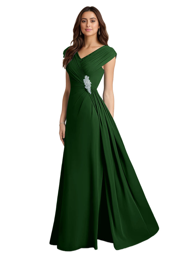 A-line V-Neck Floor-Length Chiffon Mother of the Bride Dress With Pleated Sequins
