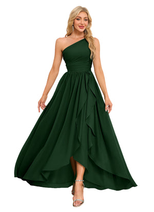 A-line One Shoulder Floor-Length Chiffon Bridesmaid Dress With Ruffle