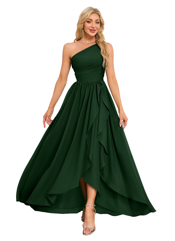 A-line One Shoulder Floor-Length Chiffon Bridesmaid Dress With Ruffle