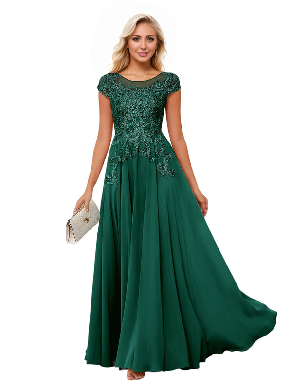 A-line Scoop Illusion Floor-Length Lace Chiffon Mother of the Bride Dress With Sequins