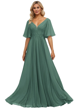 A-line V-Neck Floor-Length Chiffon Mother of the Bride Dress With Sequins Appliques Lace Pleated