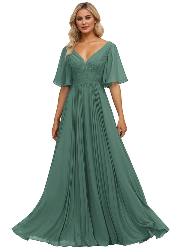 A-line V-Neck Floor-Length Chiffon Mother of the Bride Dress With Sequins Appliques Lace Pleated